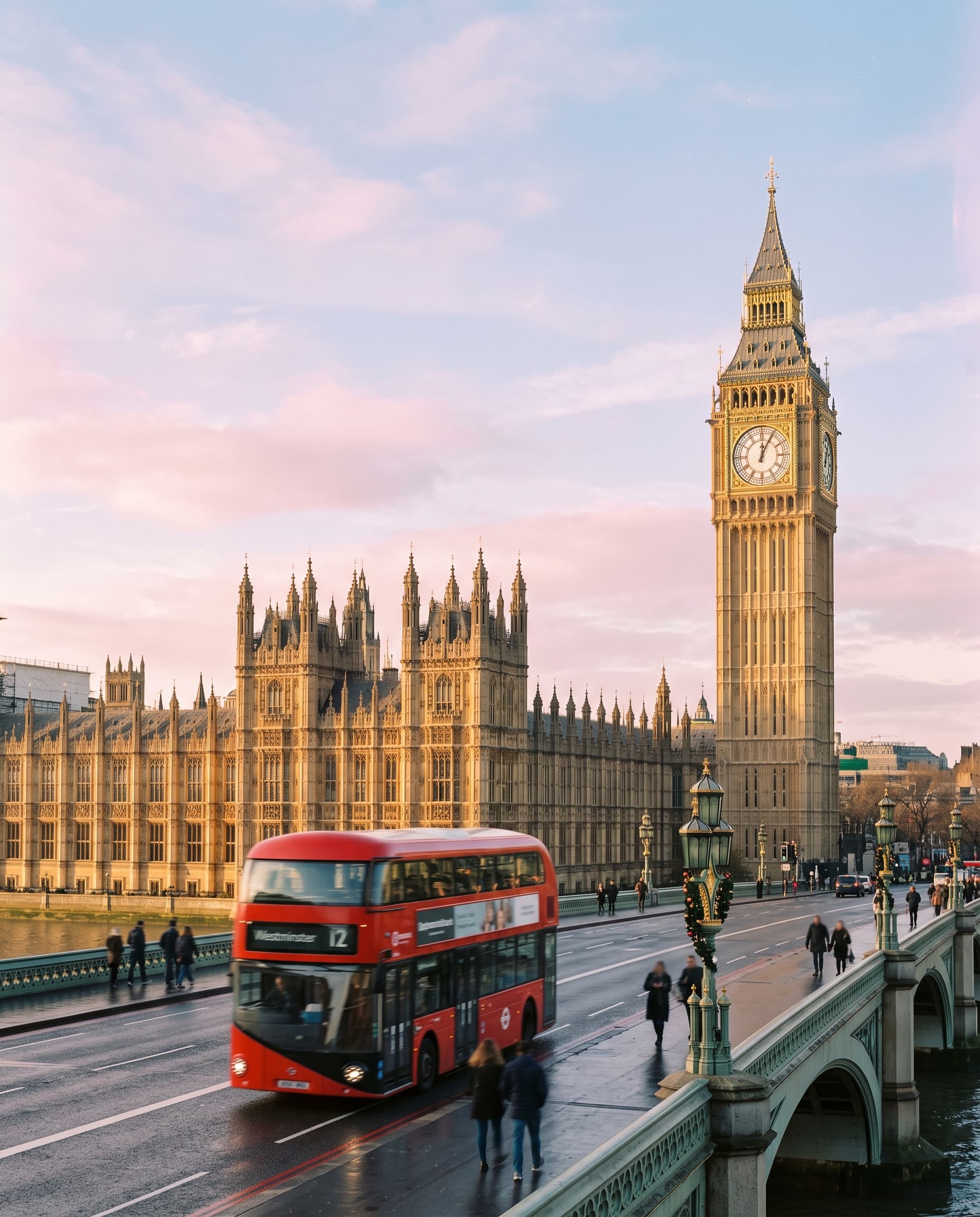 Big Ben and the Houses of Parliament under a pastel winter sky