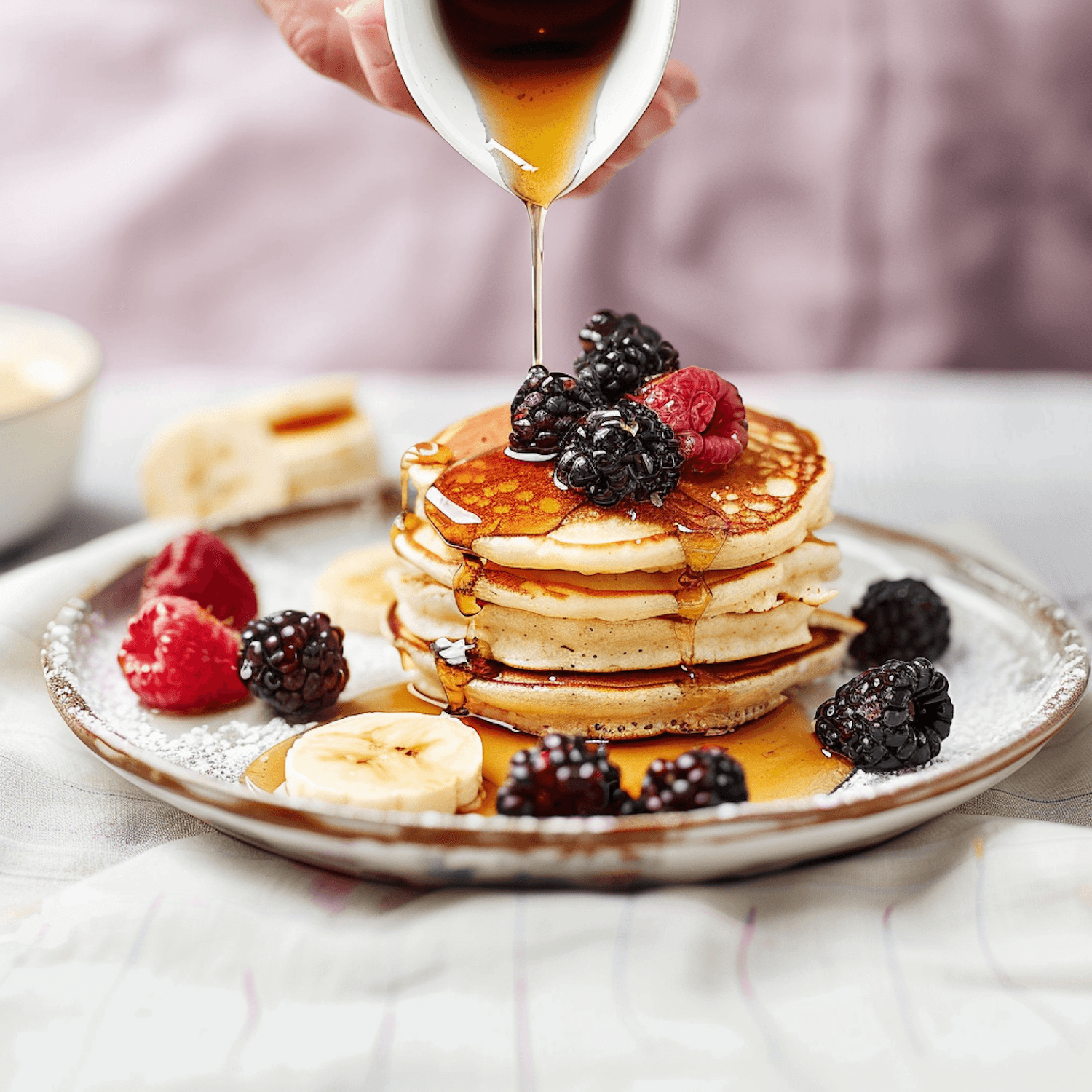 Stack of pancakes with berries and maple syrup